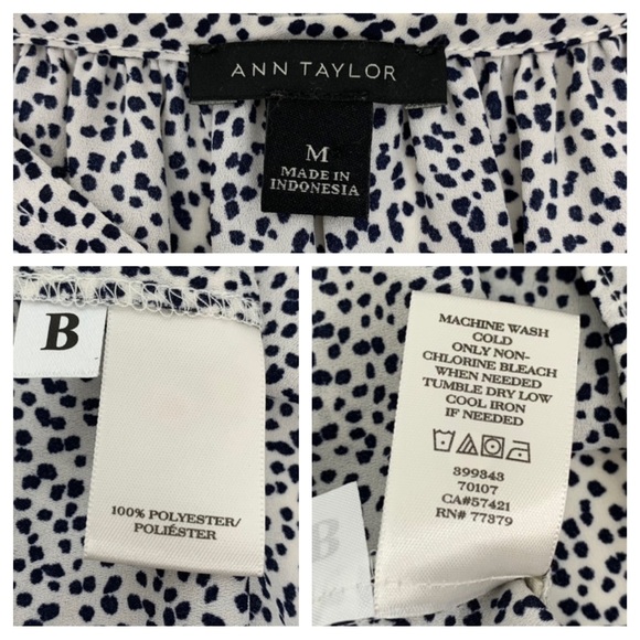 Ann Taylor Dark Navy Blue Abstract Dot White Long Sleeve Blouse Keyhole Front - Picture 14 of 16